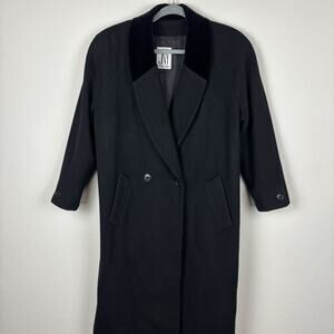 VTG Jones New York Coat Womens XL Black Wool Long Dbl Breasted Velvet Collar